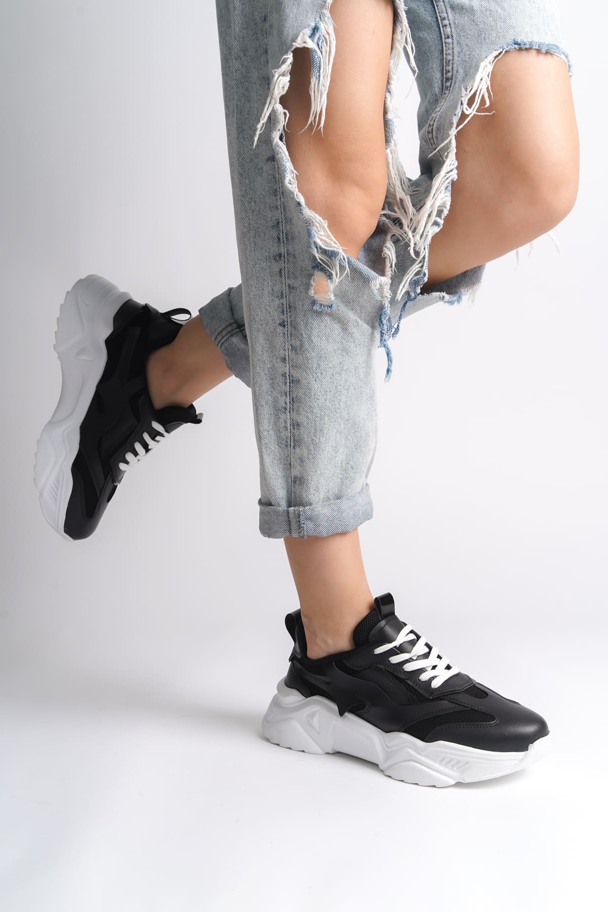 Lisinya948  Bağcıklı Ortopedik Taban Triko Detaylı Kadın Spor Ayakkabı BT Siyah