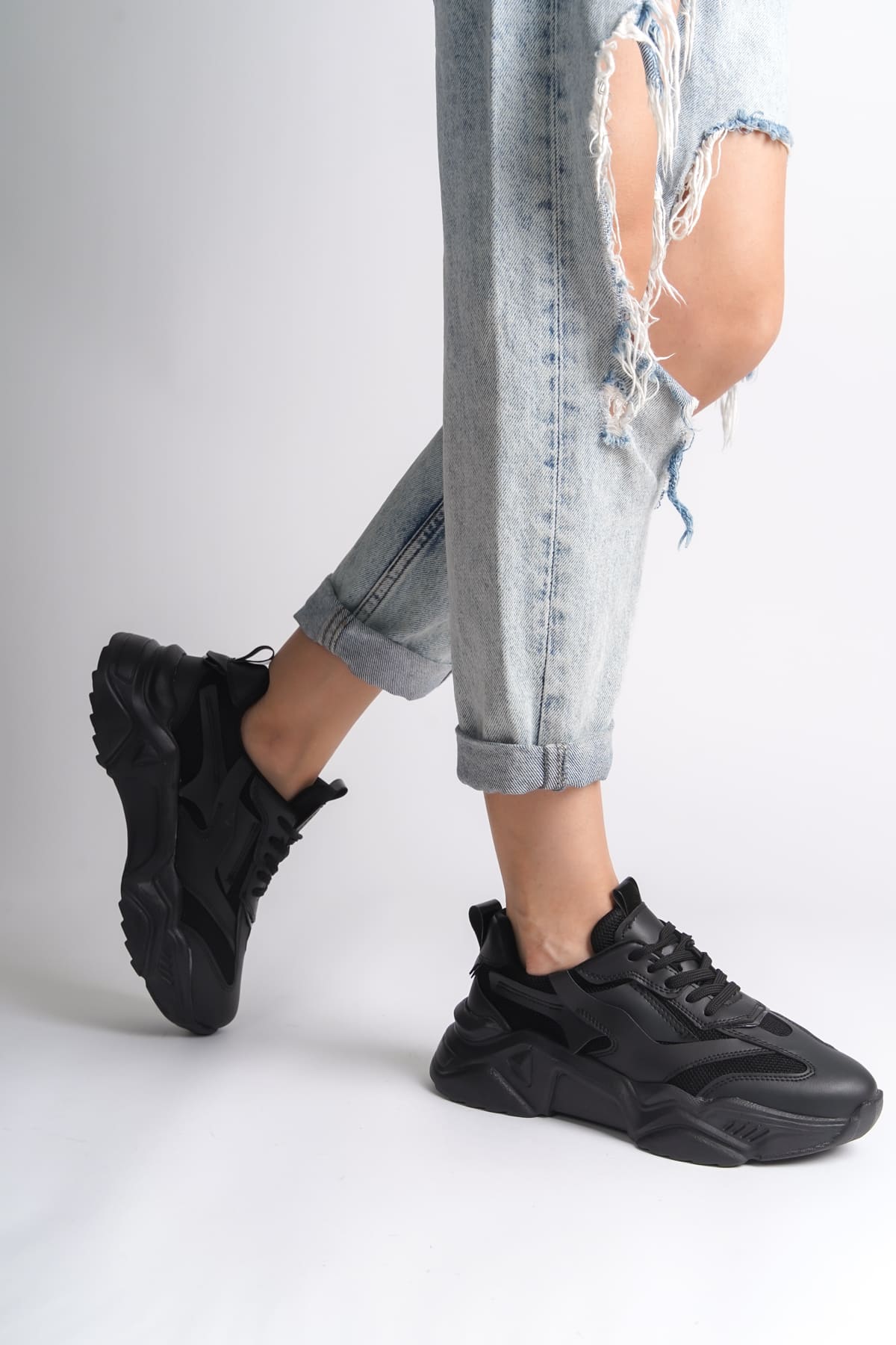 Lisinya948  Bağcıklı Ortopedik Taban Triko Detaylı Kadın Spor Ayakkabı ST Siyah
