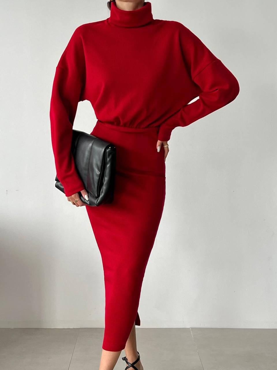 Lisinya274 Kadın Balıkçı Yaka Triko Elbise - Kırmızı