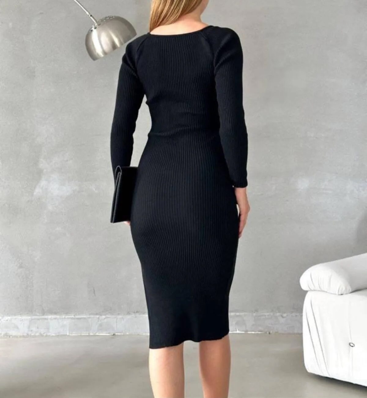 Lisinya274 Siyah Uzun Kollu Kalp Yaka Yırtmaçlı Triko Elbise