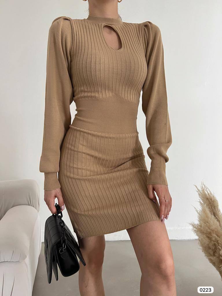 Lisinya274 Kadın Kahverengi - Vizon Damla Yaka Detaylı Uzun Kol Triko Elbise Mini Elbise