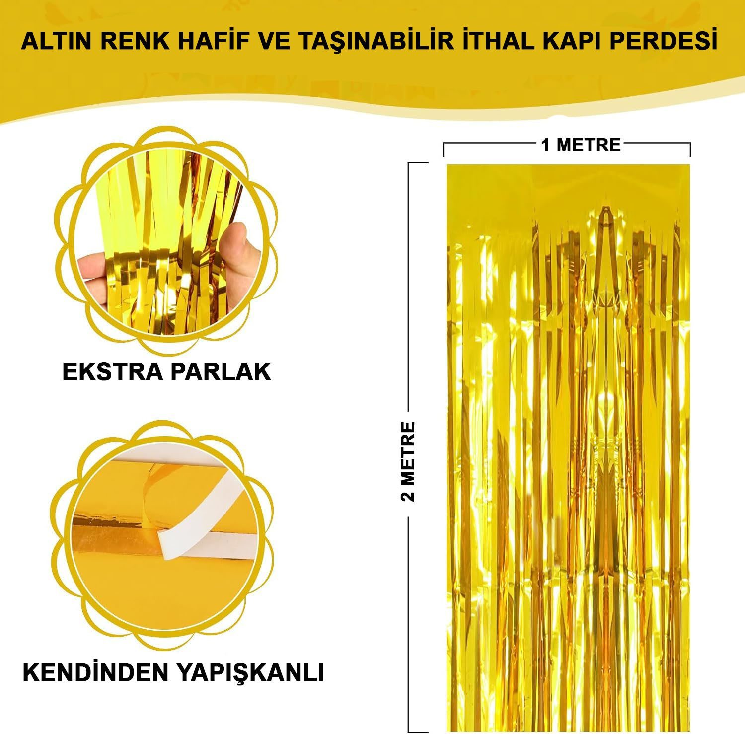Altın Gold Renk Ekstra Metalize Parlak Saçaklı Arka Fon Perde İthal A Kalite 1x2 Metre (Lisinya)