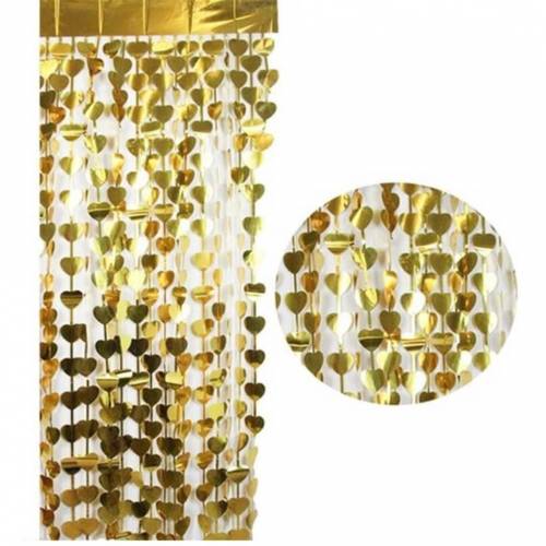 Altın Renk Kalp Şekilli Metalize Saçaklı Arka Fon Perde Dekorasyon  (Lisinya)