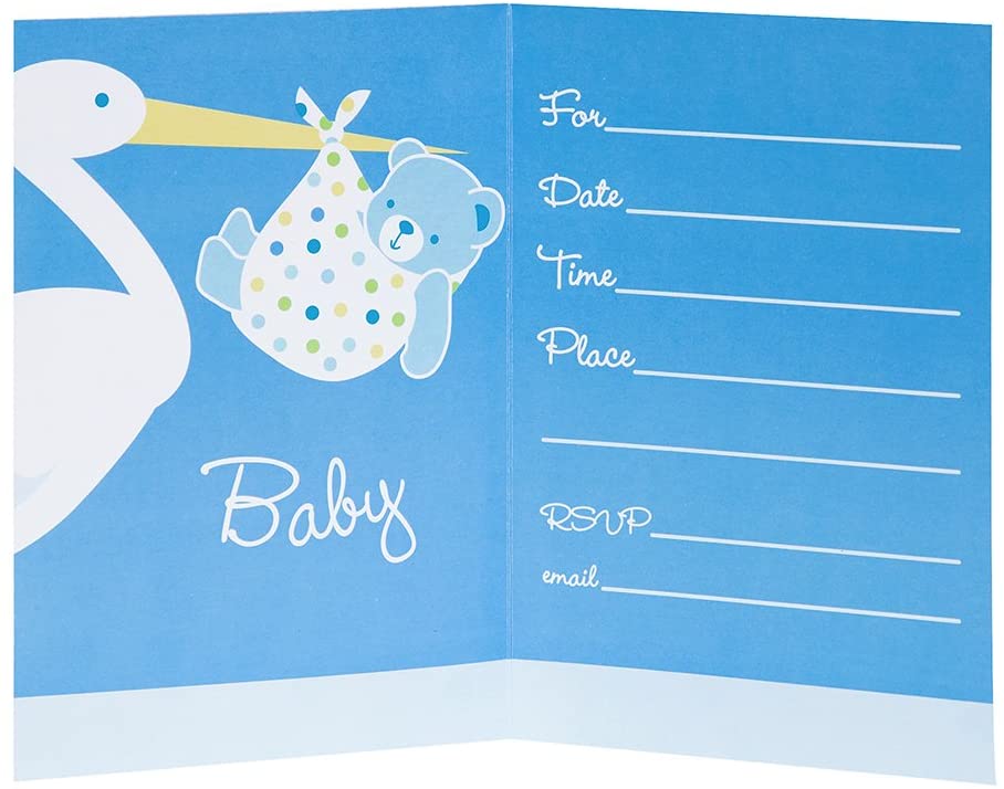 Baby Boy Stork Temalı Mavi Renk Baby Shower Davetiye 8 Adet (Lisinya)