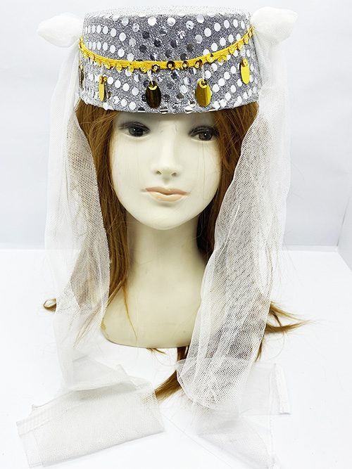 Beyaz Duvaklı Altın Pul İşlemeli Kına Fesi Kına Şapkası Oryantal Şapkası (Lisinya)