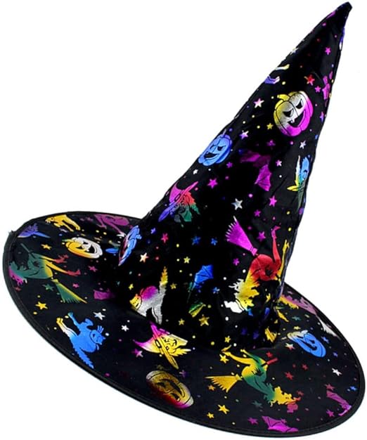 Cadı Şapkası Siyah Üzeri Rengarenk Balkabağı Cadı Figür Baskılı 38x34 cm (Lisinya)