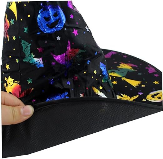 Cadı Şapkası Siyah Üzeri Rengarenk Balkabağı Cadı Figür Baskılı 38x34 cm (Lisinya)