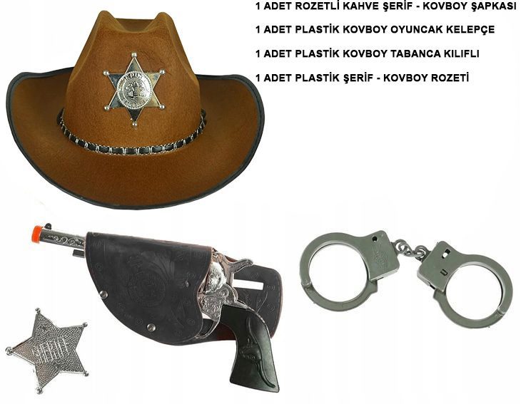 Çocuk Boy Kahverengi Şerif-Kovboy Şapka Tabanca Rozet ve Kelepçe Seti 4 Parça (Lisinya)