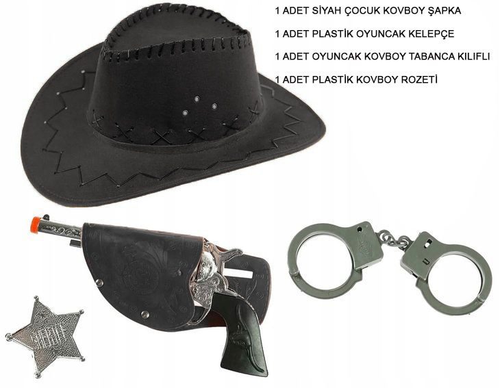 Çocuk Boy Siyah Kovboy Şapka Tabanca Rozet ve Kelepçe Seti 4 Parça (Lisinya)