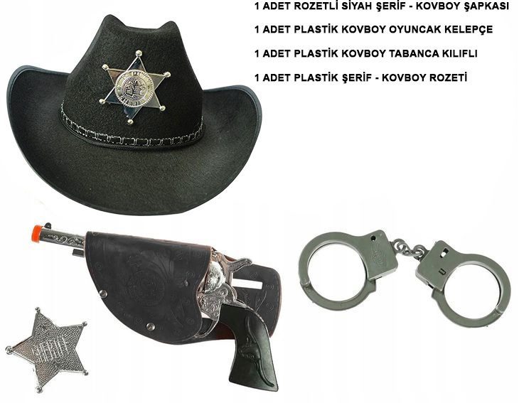 Çocuk Boy Siyah Şerif-Kovboy Şapka Tabanca Rozet ve Kelepçe Seti 4 Parça (Lisinya)