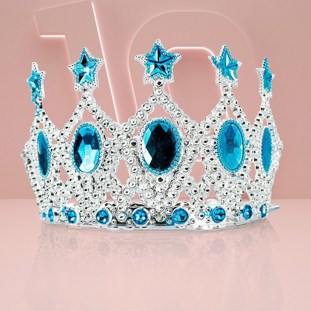 Çocuk Kraliçe Tacı - Mavi Yıldız İşlemeli Prenses Tacı 15x7 cm (Lisinya)