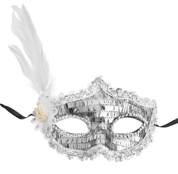 Gümüş Payetli Pullu Beyaz Renk Yandan Tüylü Parti Maskesi 18x22 cm (Lisinya)