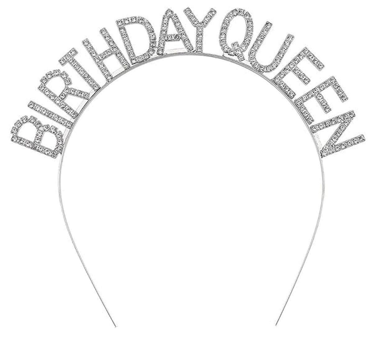 Gümüş Renk Kristal Taşlı Parlak Birthday Queen Yazılı Kraliçe Taç 16x17 cm (Lisinya)