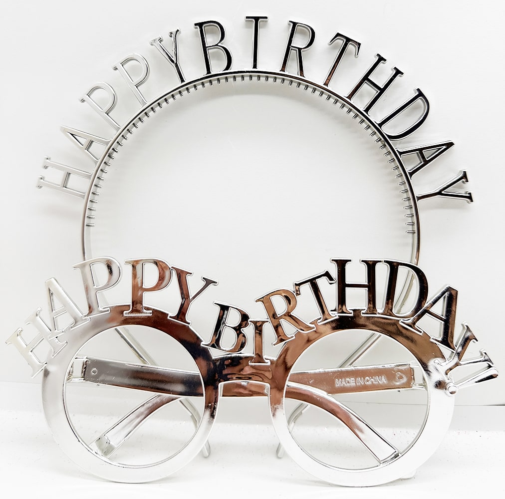 Happy Birthday Yazılı Taç ve Happy Birthday Yazılı Gözlük Seti Gümüş Renk (Lisinya)
