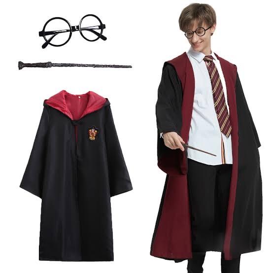 Harry Potter Gryffindor Kapişonlu Çocuk Kostüm + Asa + Gözlük Seti 5-6 Yaş (Lisinya)