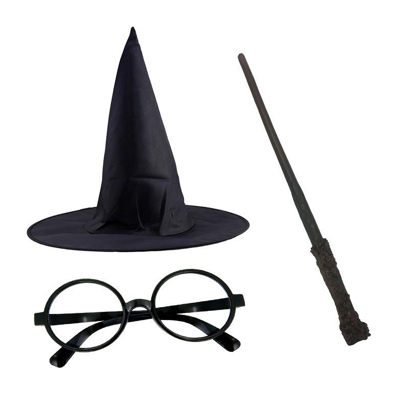 Harry Potter Siyah Şapkası Harry Potter Gözlüğü Harry Potter Asası 3 lü Set (Lisinya)