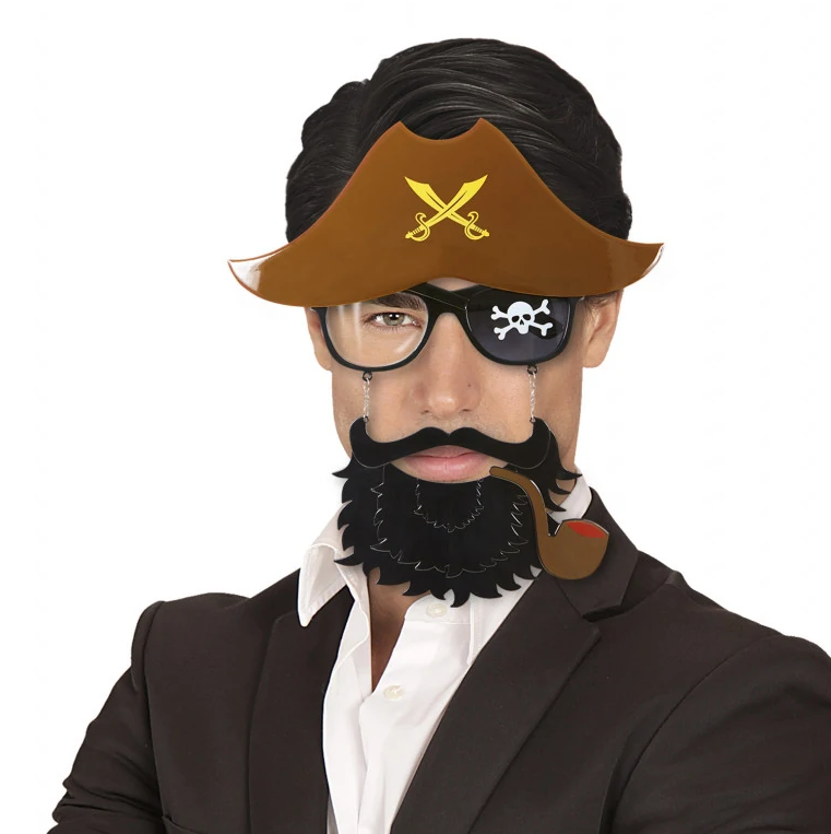 Kahve Renk Şapkalı Siyah Sakallı Pipolu Jack Sparrow Denizci Korsan Gözlüğü 24x25 cm (Lisinya)