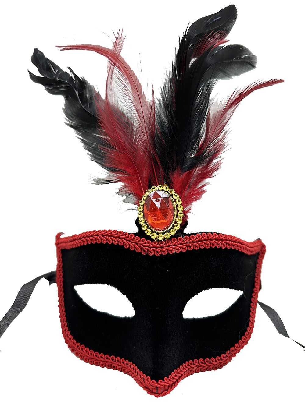 Kırmızı Dantelli Siyah Kırmızı Tüylü Siyah Süet Kaplama Parti Maskesi 17x25 cm (Lisinya)