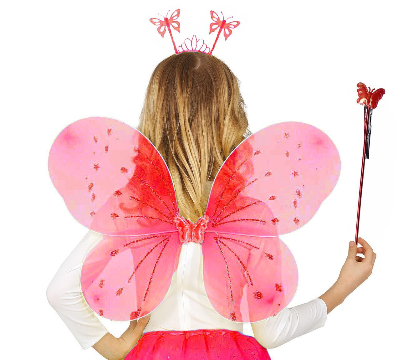 Kırmızı Renk Çocuk Kelebek Kanadı Tacı ve Asa Seti 50 cm (Lisinya)
