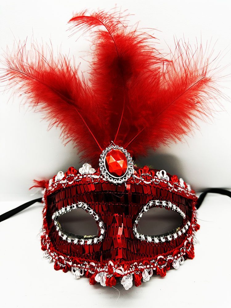Kırmızı Renk Payetli Pullu Tüylü Parti Maskesi 17x20 cm (Lisinya)