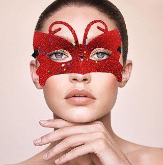 Kırmızı Renk Simli Kelebek Kostüm Partisi Maskesi 10x13 cm (Lisinya)