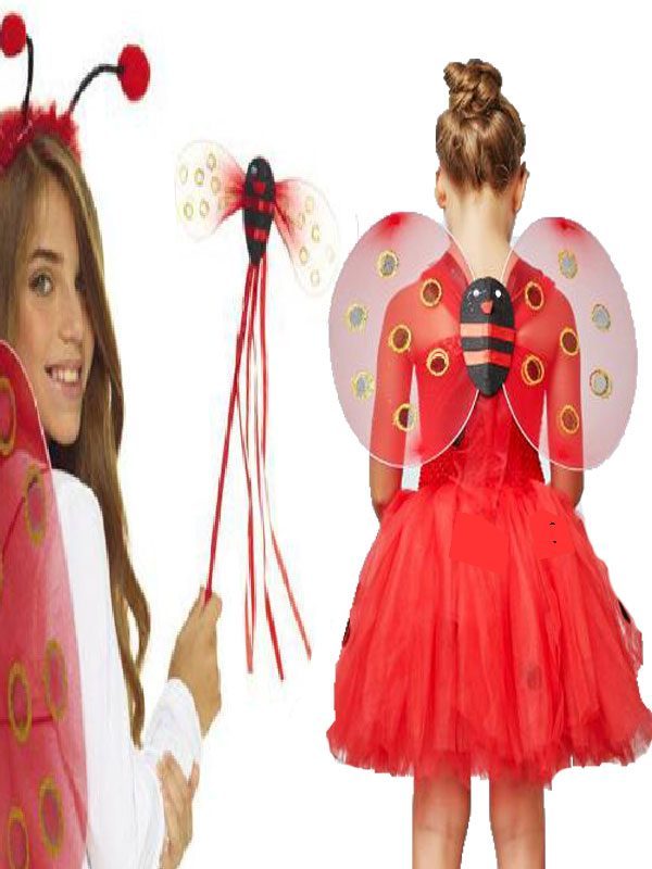 Kırmızı Renk Uğur Böceği Kanadı Eteği Tacı ve Sopası 4 lü Kostüm Seti (Lisinya)