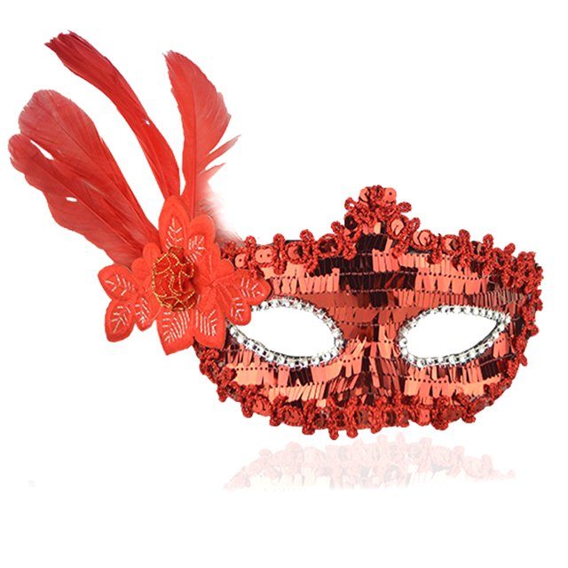 Kırmızı Payetli Pullu Kırmızı Renk Yandan Tüylü Parti Maskesi 18x22 cm (Lisinya)