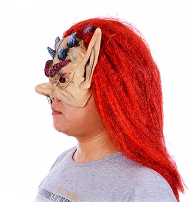 Kırmızı Saçlı Yarım Surat Boynuzlu Lateks Asteriks Viking Hobbit Maskesi (Lisinya)
