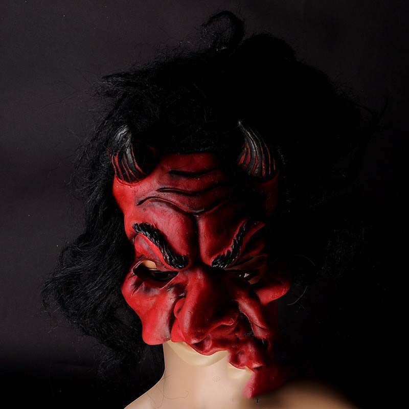 Lateks Korku Maskesi Şeytan Boynuzlu Kırmızı Maske Saçlı (Lisinya)