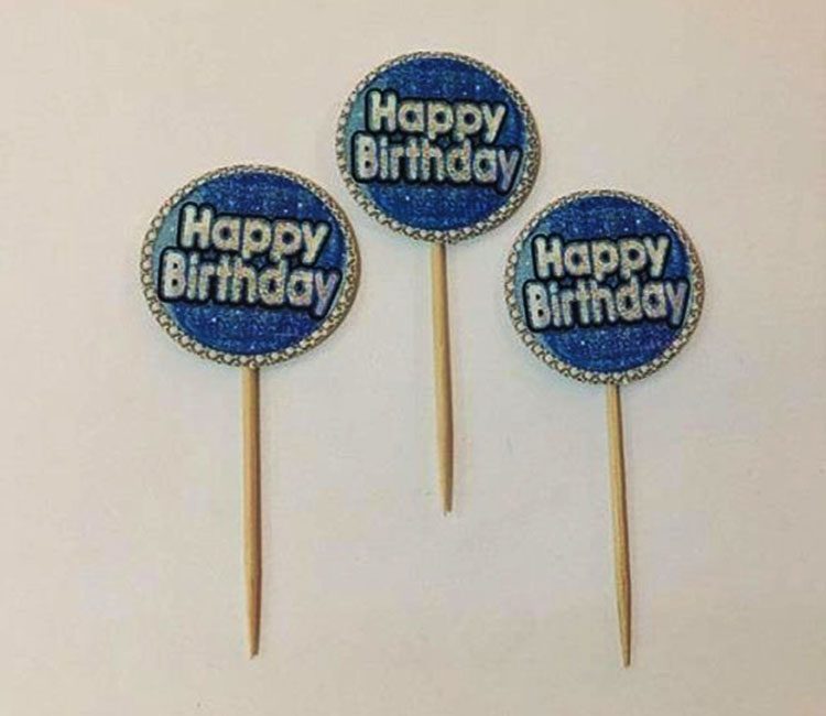 Mavi Gümüş Renk Happy Birthday Kürdan Süs 20 Adet (Lisinya)