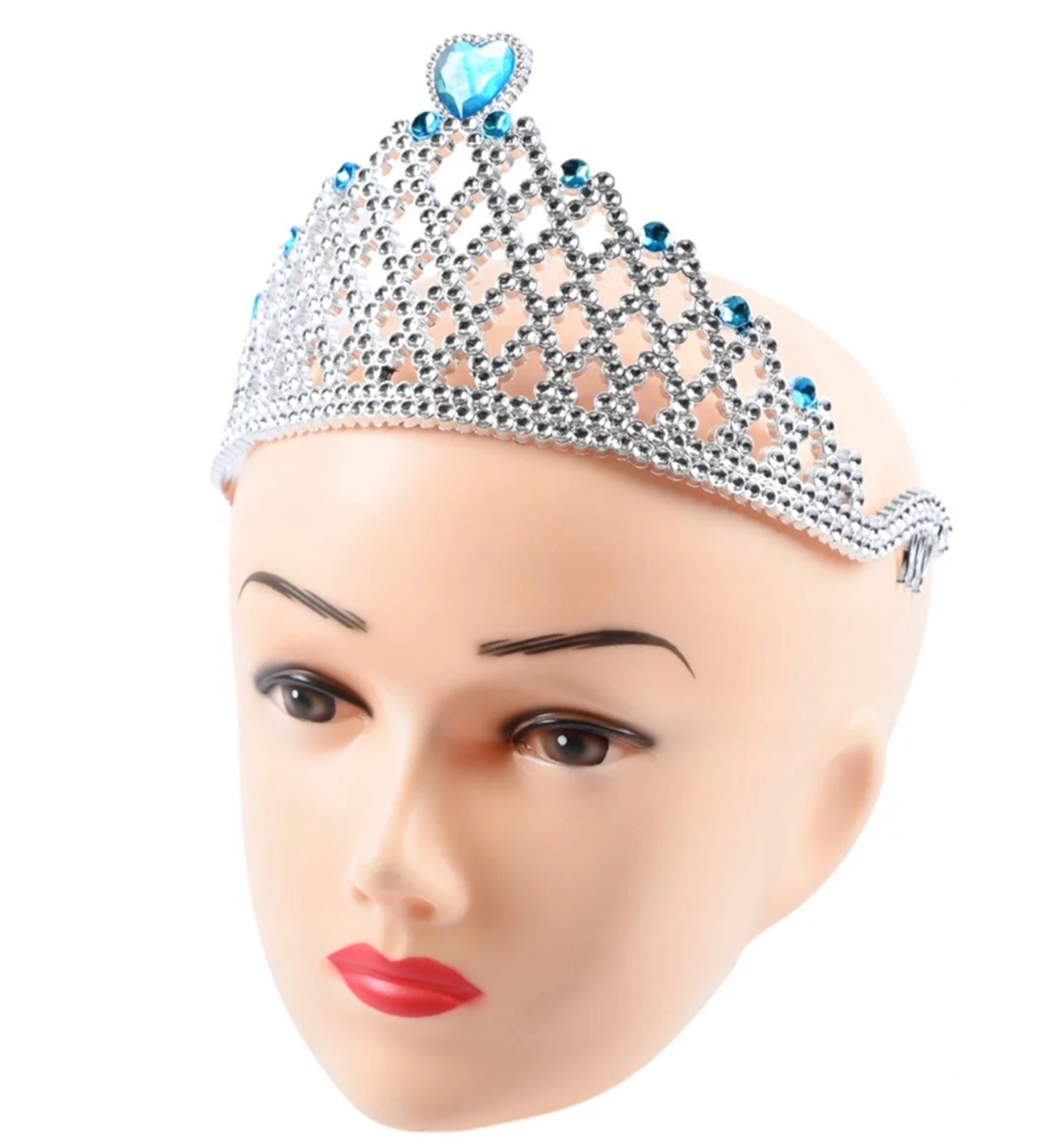 Mavi Kalpli Gümüş Renk Kraliçe Tacı Prenses Tacı  (Lisinya)