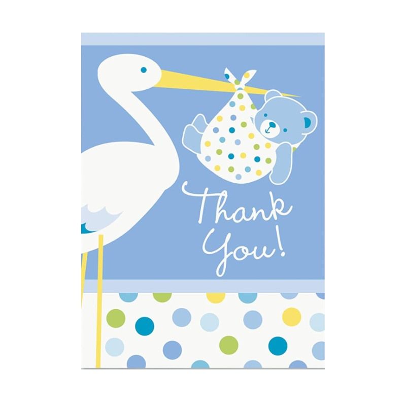 Mavi Renk Baby Stork Baby Shower Teşekkür Zarfı ve Not Seti 8 Adet (Lisinya)