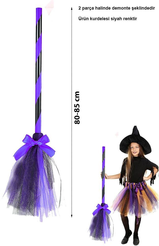 Mor Cadı Süpürgesi - Halloween Siyah Fiyonklu Tüllü Cadı Süpürgesi 80-85 cm (Lisinya)
