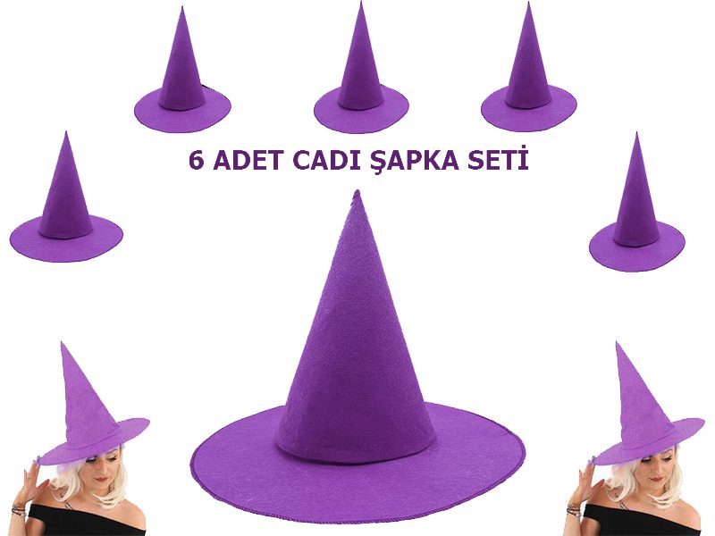 Mor Renk Keçe Cadı Şapkası Yetişkin Çocuk Uyumlu 6 Adet (Lisinya)
