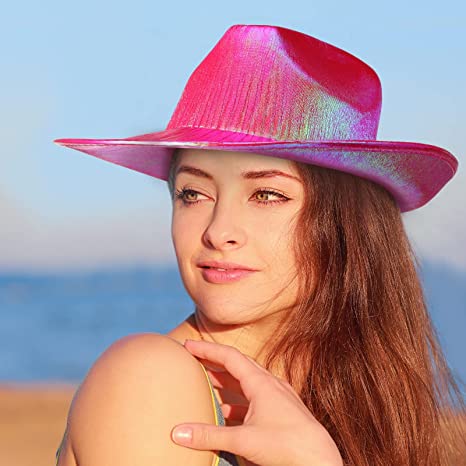 Neon Hologramlı Kovboy Model Parti Şapkası Pembe Yetişkin 39X36X14 cm (Lisinya)