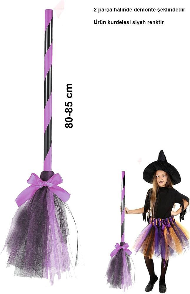 Pembe Cadı Süpürgesi - Halloween Siyah Fiyonklu Tüllü Cadı Süpürgesi 80-85 cm (Lisinya)