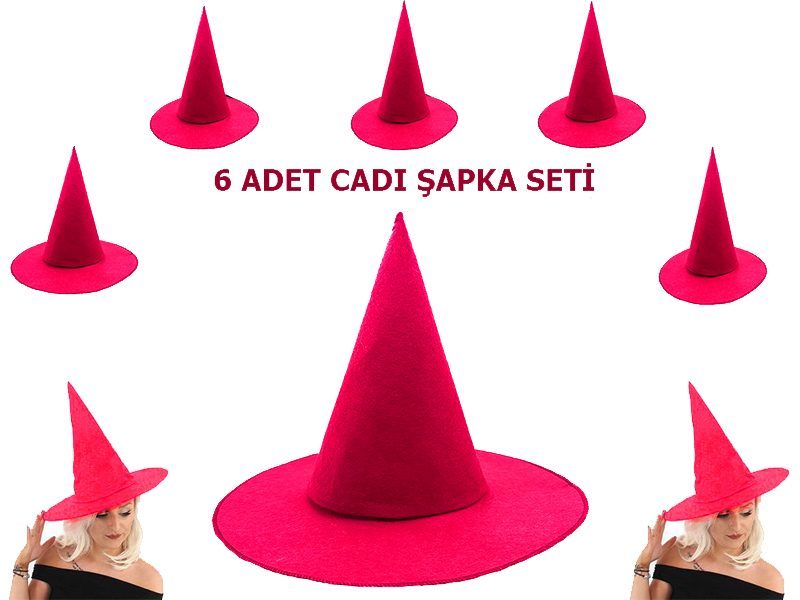 Pembe Fuşya Renk Keçe Cadı Şapkası Yetişkin Çocuk Uyumlu 6 Adet (Lisinya)