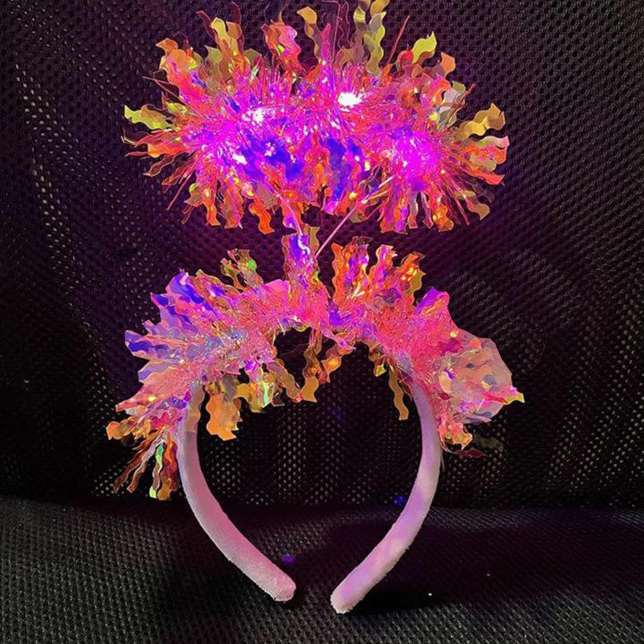 Pembe Renk Pembe Işıltılı Püsküllü Led Işıklı Parlak Hologramlı Taç 25x12 cm (Lisinya)