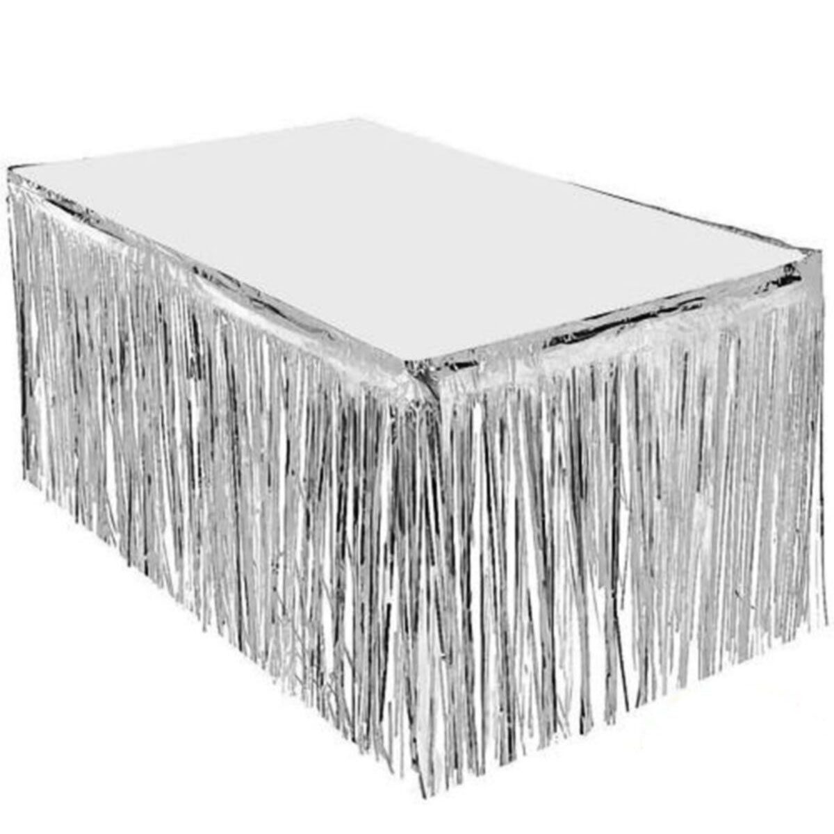 Püsküllü Işıltılı Metalize Gümüş Renk Masa Eteği 75 cm x 4 m (Lisinya)