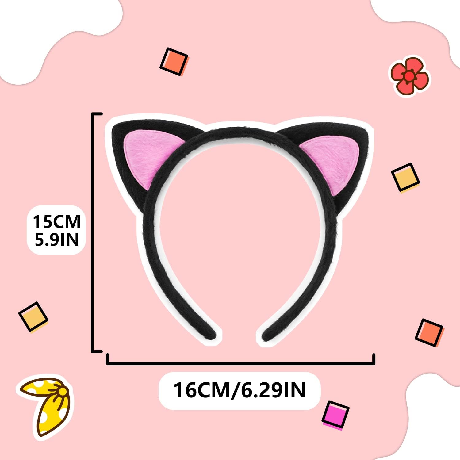 Sevimli Kedi Kulak Pofuduk Kedi Taç Siyah İçi Pembe Renk 17x15 cm (Lisinya)