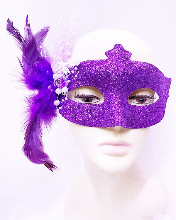 Sim İşlemeli İnci Boncuk Detaylı Tüylü Balo Maskesi Mor Renk 13x18 cm (Lisinya)