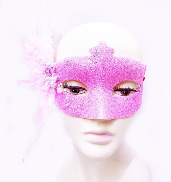 Sim İşlemeli İnci Boncuk Detaylı Tüylü Balo Maskesi Pembe Renk 13x18 cm (Lisinya)