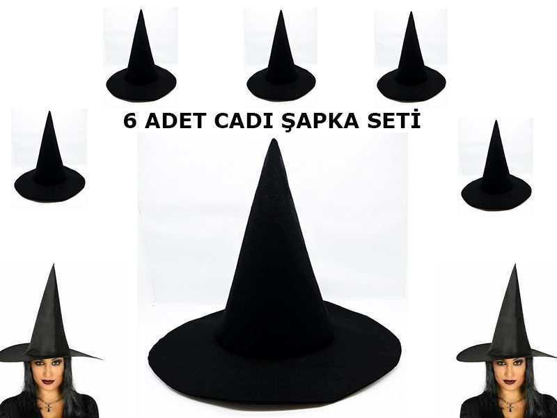 Siyah Cadı Şapkası Keçe Yetişkin Boy 6 Adet (Lisinya)