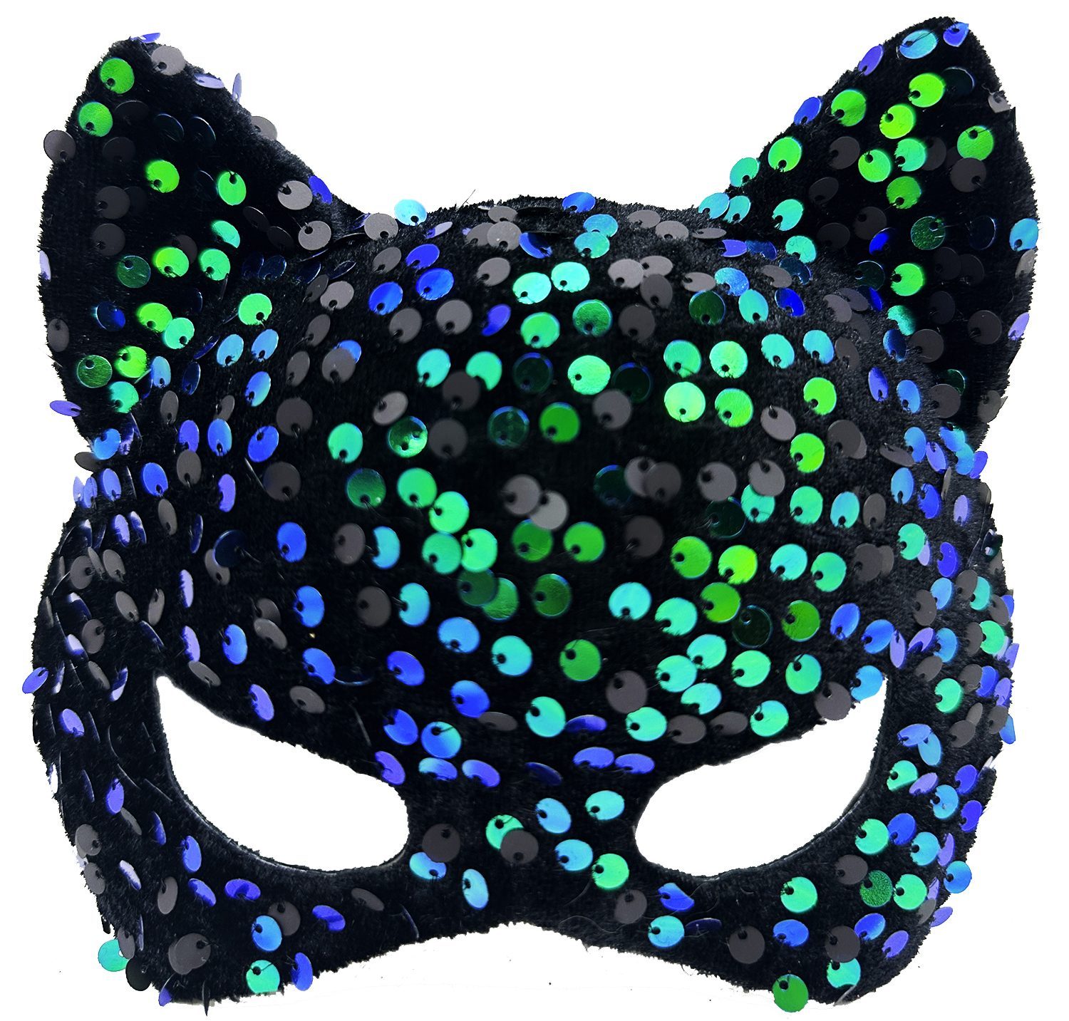 Siyah Kadife Kumaş Üzerine Mavi Yeşil Payetli Pullu Parti Maskesi 16x14 cm (Lisinya)
