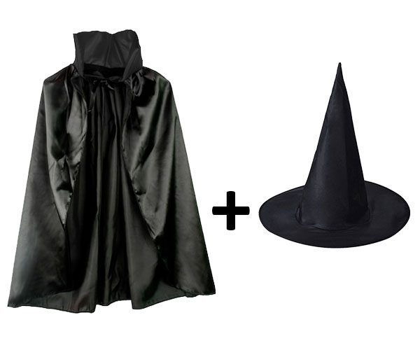 Siyah Yakalı Pelerin ve Siyah Cadı Şapkası Seti Çocuk Boy (Lisinya)
