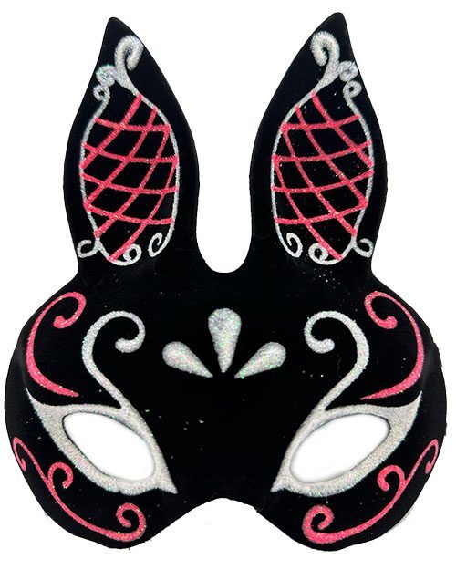 Siyah Renk Kırmızı Beyaz Simli Siyah Süet Kaplama Tavşan Maskesi 18x16 cm (Lisinya)