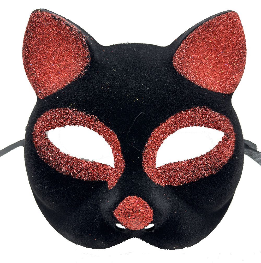 Siyah Renk Kırmızı Simli Süet Kaplama Kedi Maskesi 18x14 cm (Lisinya)