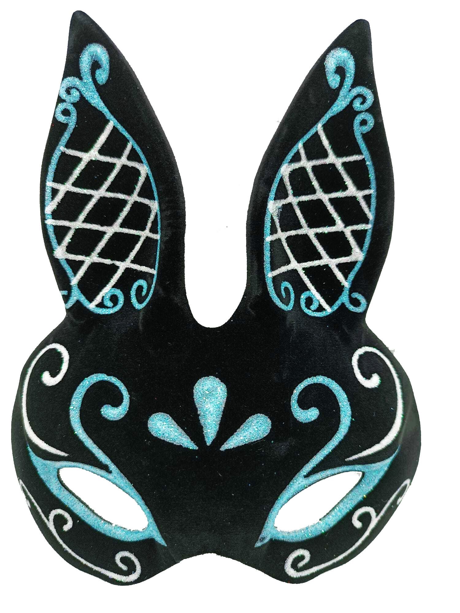 Siyah Renk Mavi Beyaz Simli Siyah Süet Kaplama Tavşan Maskesi 18x16 cm (Lisinya)