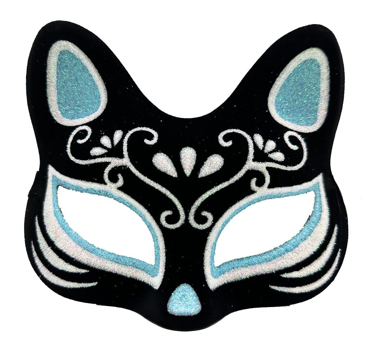 Siyah Renk Süet Kaplama Üzeri Gümüş Mavi Simli Kedi Maskesi 17x14 cm (Lisinya)