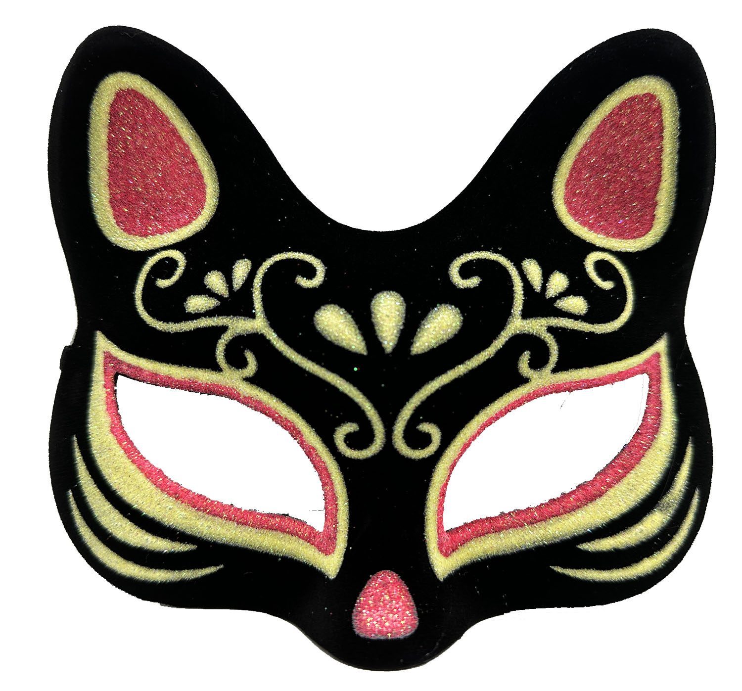 Siyah Renk Süet Kaplama Üzeri Kırmızı Sarı Simli Kedi Maskesi 17x14 cm (Lisinya)